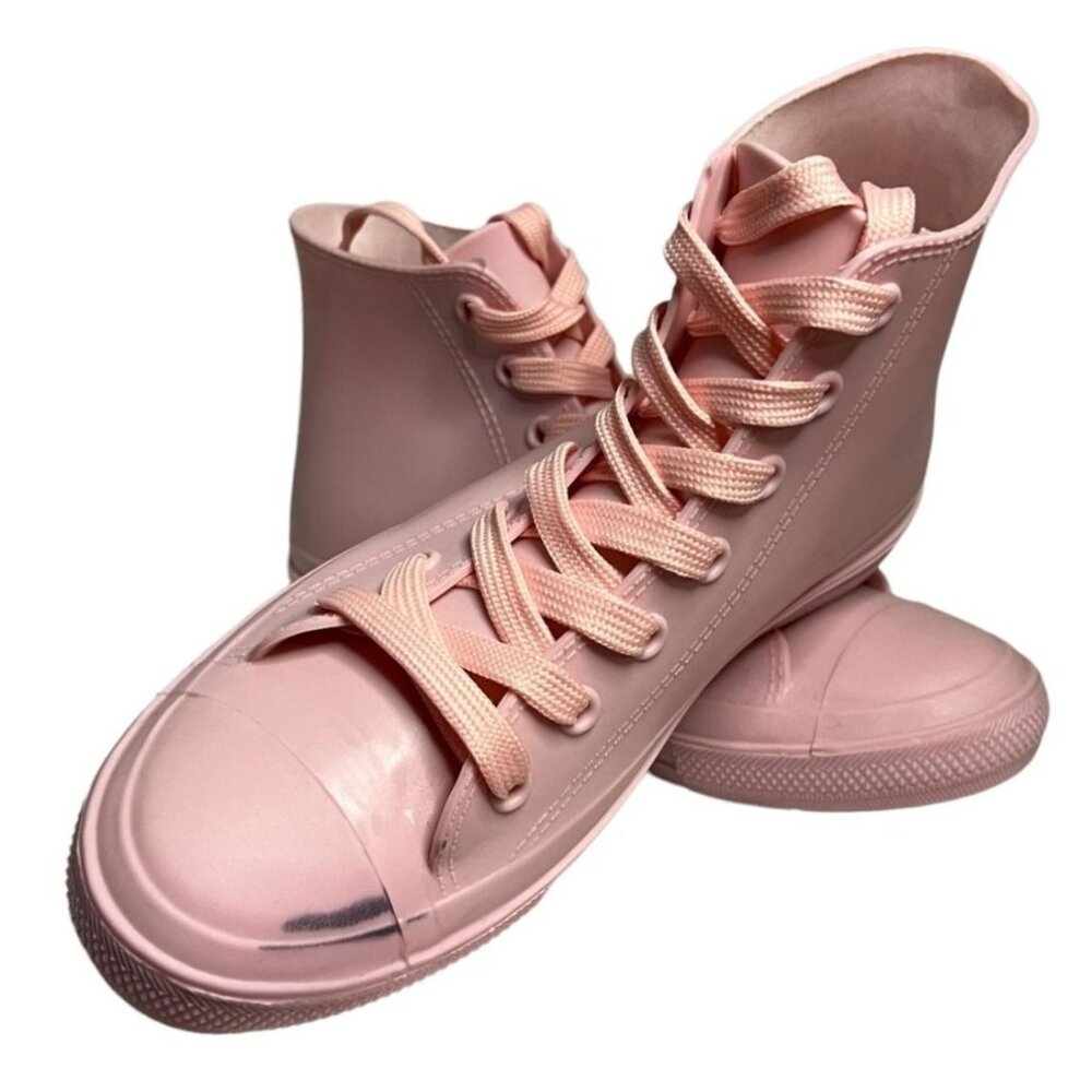 Pink High-Top Rubber Sneakers With Glossy Toe Cap & Lace-Up Closure